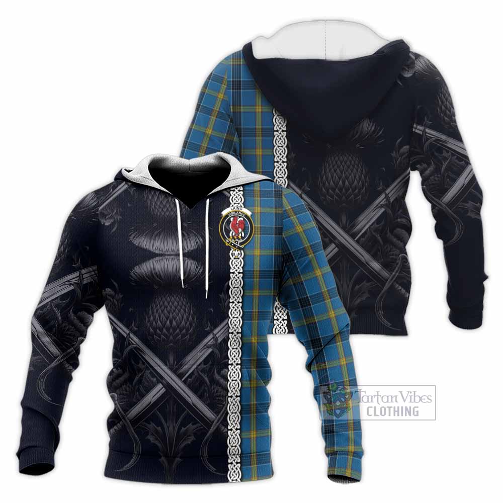 Tartan Vibes Clothing Laing Tartan Knitted Hoodie with Family Crest Cross Sword Thistle Celtic Vibes