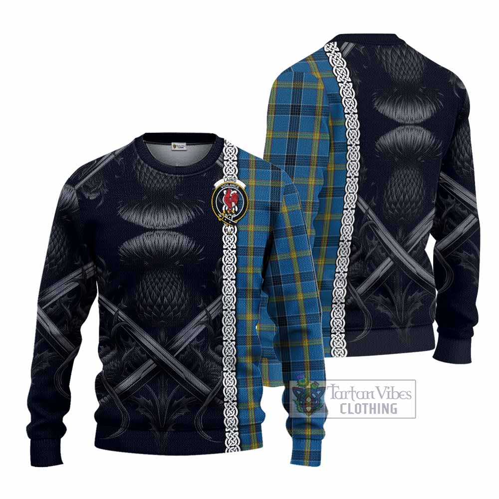 Tartan Vibes Clothing Laing Tartan Knitted Sweater with Family Crest Cross Sword Thistle Celtic Vibes