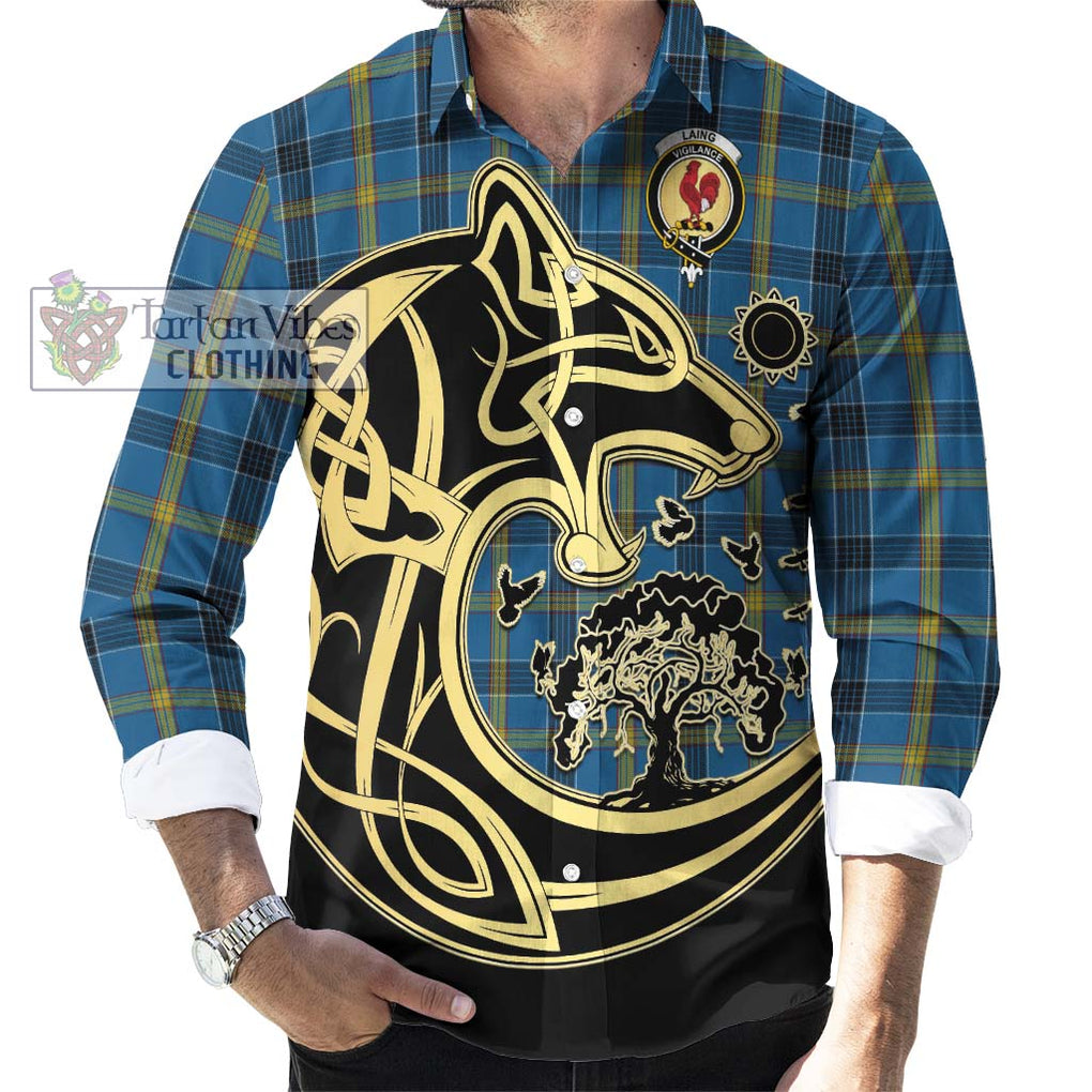 Laing Tartan Long Sleeve Button Shirt with Family Crest Celtic Wolf Style - Tartan Vibes Clothing