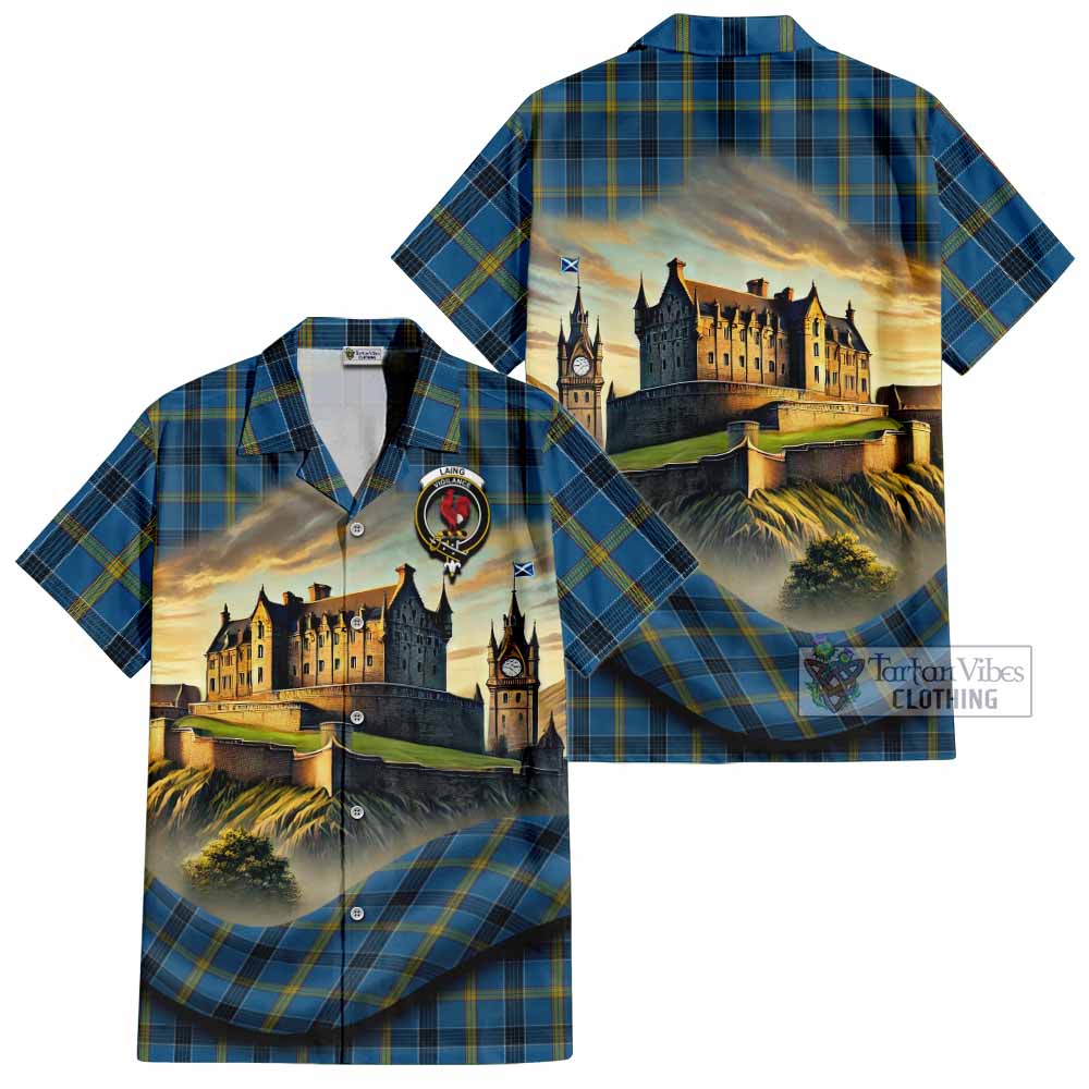 Tartan Vibes Clothing Laing Tartan Family Crest Short Sleeve Button Shirt with Scottish Ancient Castle Style
