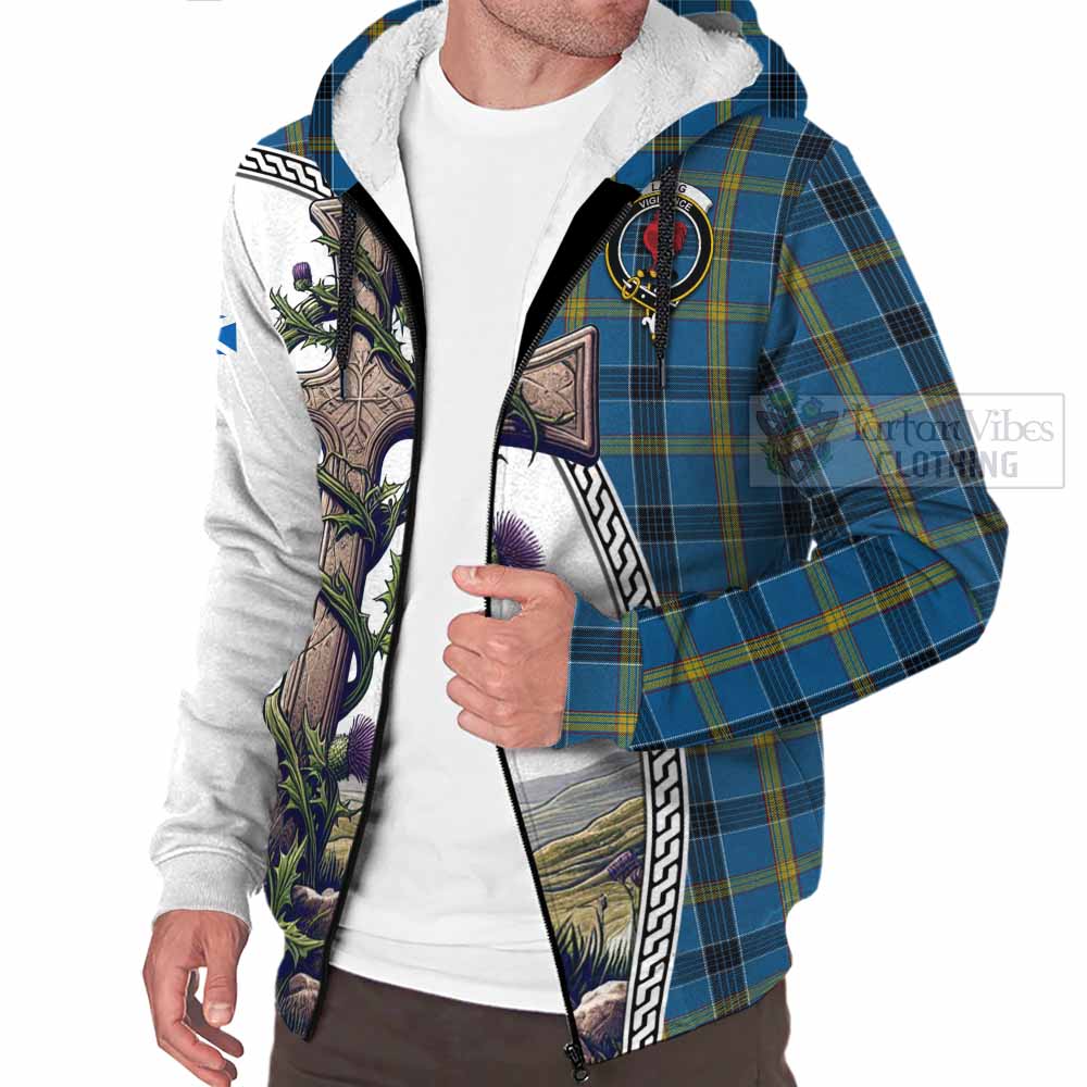Tartan Vibes Clothing Laing Tartan Sherpa Hoodie with Family Crest and St. Andrew's Cross Accented by Thistle Vines