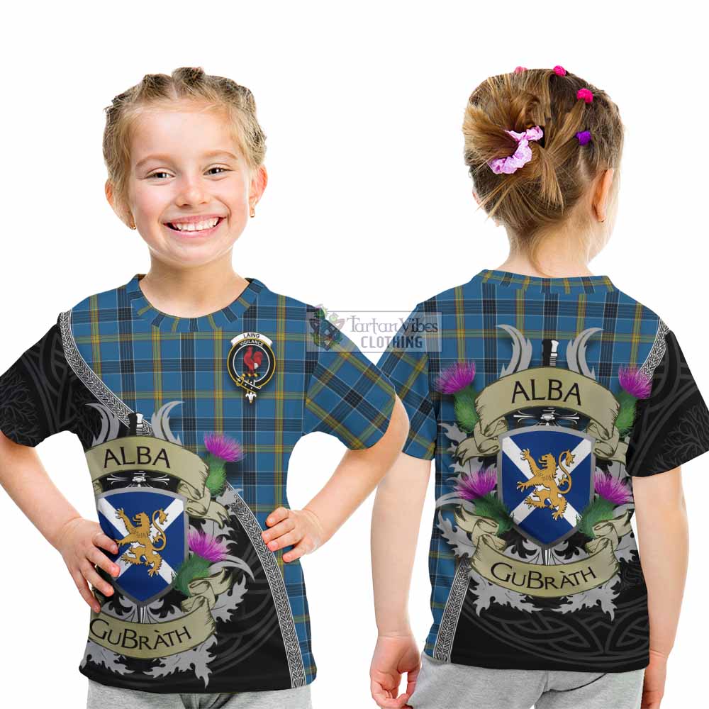 Tartan Vibes Clothing Laing Tartan Family Crest Kid T-Shirt Lion Rampant Royal Thistle Shield Celtic Inspired
