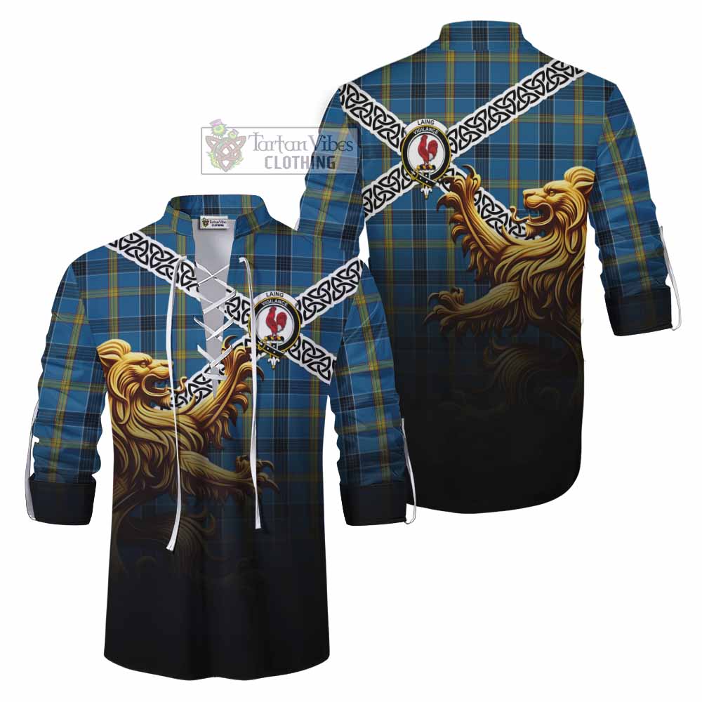 Tartan Vibes Clothing Laing Crest Tartan Ghillie Kilt Shirt with Golden Lion Emblem Celtic Style