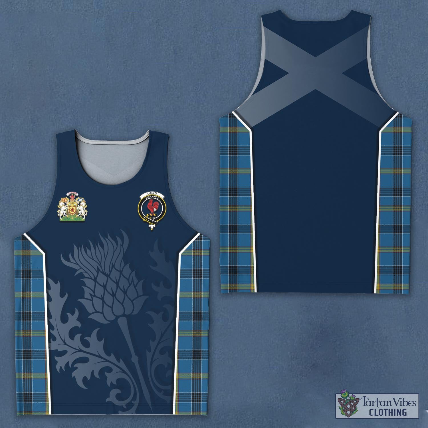 Tartan Vibes Clothing Laing Tartan Men's Tanks Top with Family Crest and Scottish Thistle Vibes Sport Style