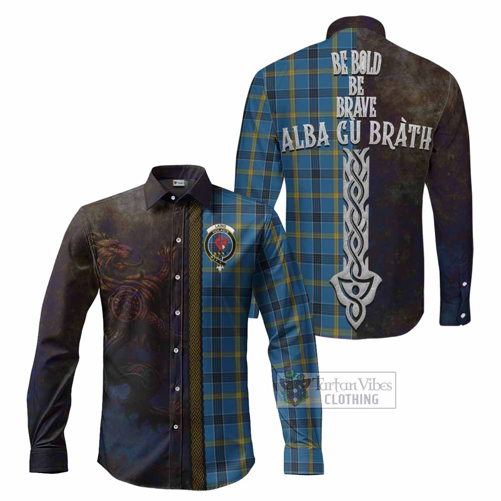 Tartan Vibes Clothing Laing Tartan Family Crest Long Sleeve Button Shirt Alba Gu Brath Be Brave Lion Ancient Style