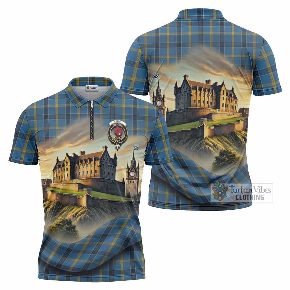 Tartan Vibes Clothing Laing Tartan Family Crest Zipper Polo Shirt with Scottish Ancient Castle Stype