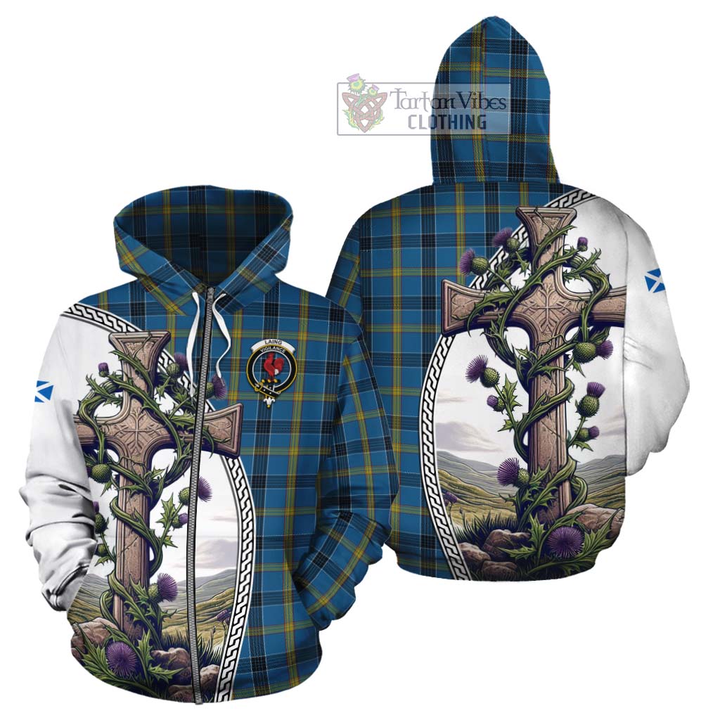 Tartan Vibes Clothing Laing Tartan Cotton Hoodie with Family Crest and St. Andrew's Cross Accented by Thistle Vines