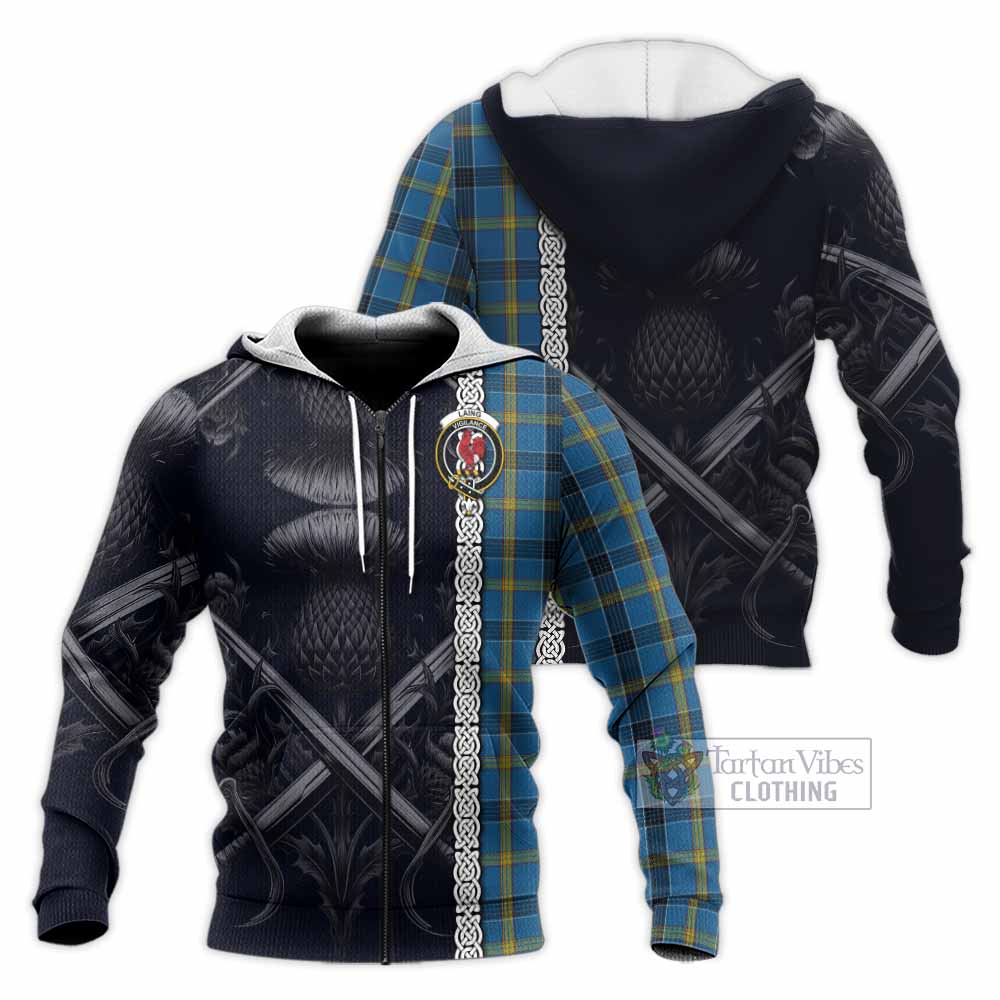 Tartan Vibes Clothing Laing Tartan Knitted Hoodie with Family Crest Cross Sword Thistle Celtic Vibes