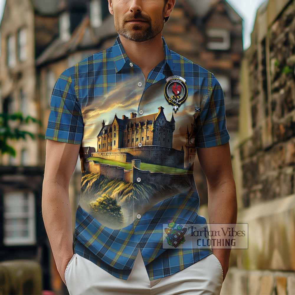 Tartan Vibes Clothing Laing Tartan Family Crest Short Sleeve Button Shirt with Scottish Ancient Castle Style