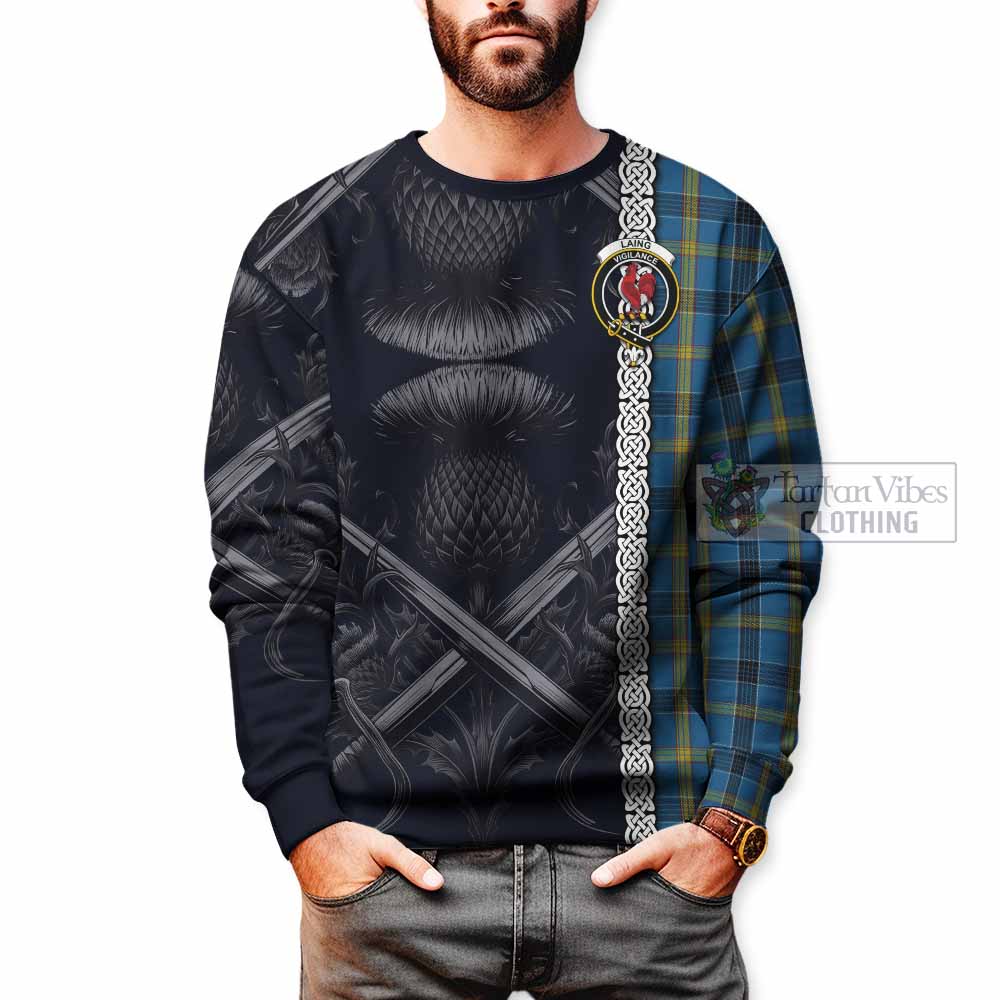 Tartan Vibes Clothing Laing Tartan Sweatshirt with Family Crest Cross Sword Thistle Celtic Vibes