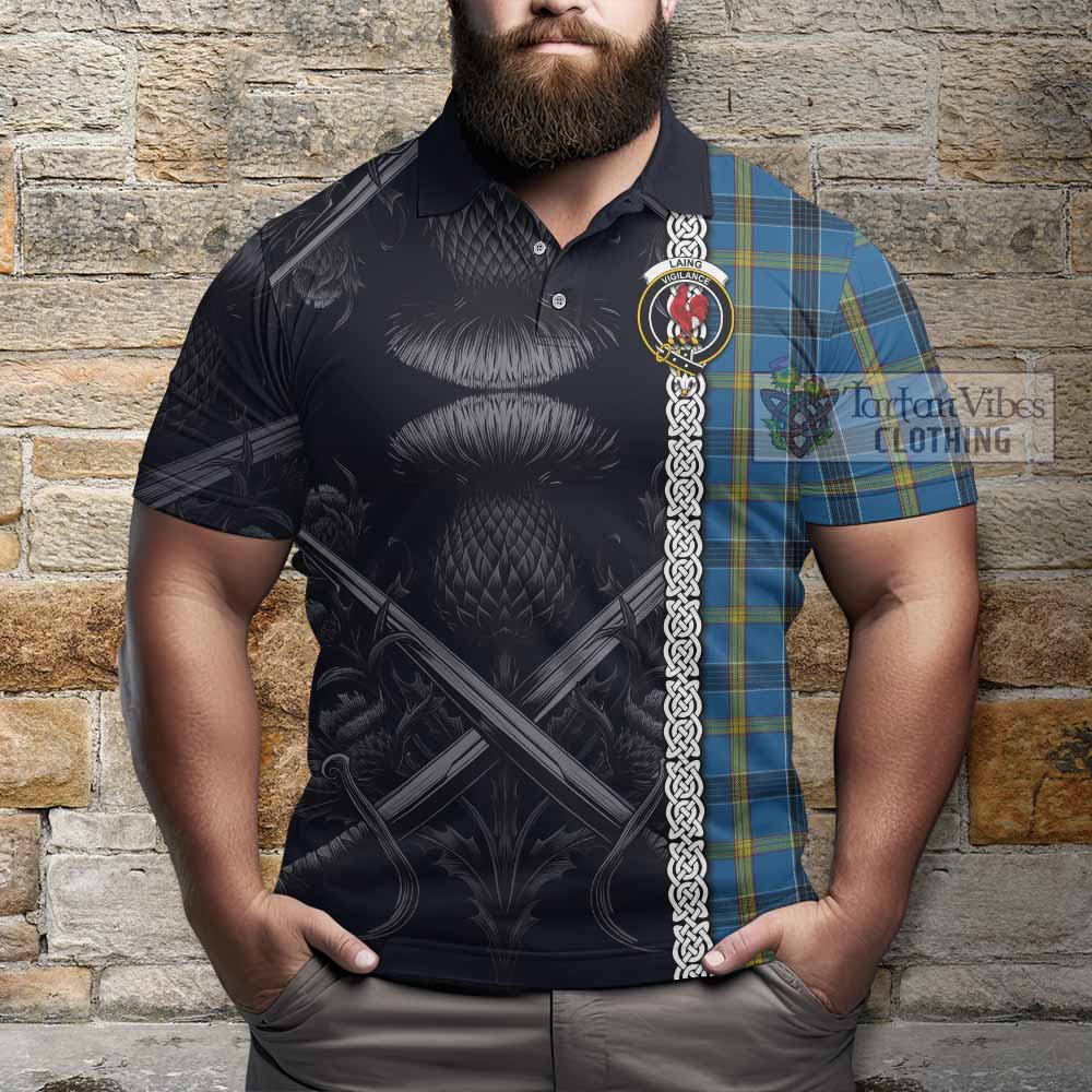 Tartan Vibes Clothing Laing Tartan Polo Shirt with Family Crest Cross Sword Thistle Celtic Vibes