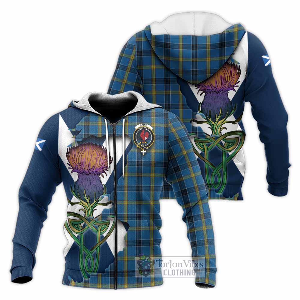 Tartan Vibes Clothing Laing Tartan Family Crest Knitted Hoodie Scottish Thistle Celtic Inspired