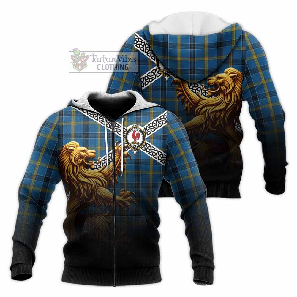 Tartan Vibes Clothing Laing Crest Tartan Knitted Hoodie with Golden Lion Emblem Celtic Style