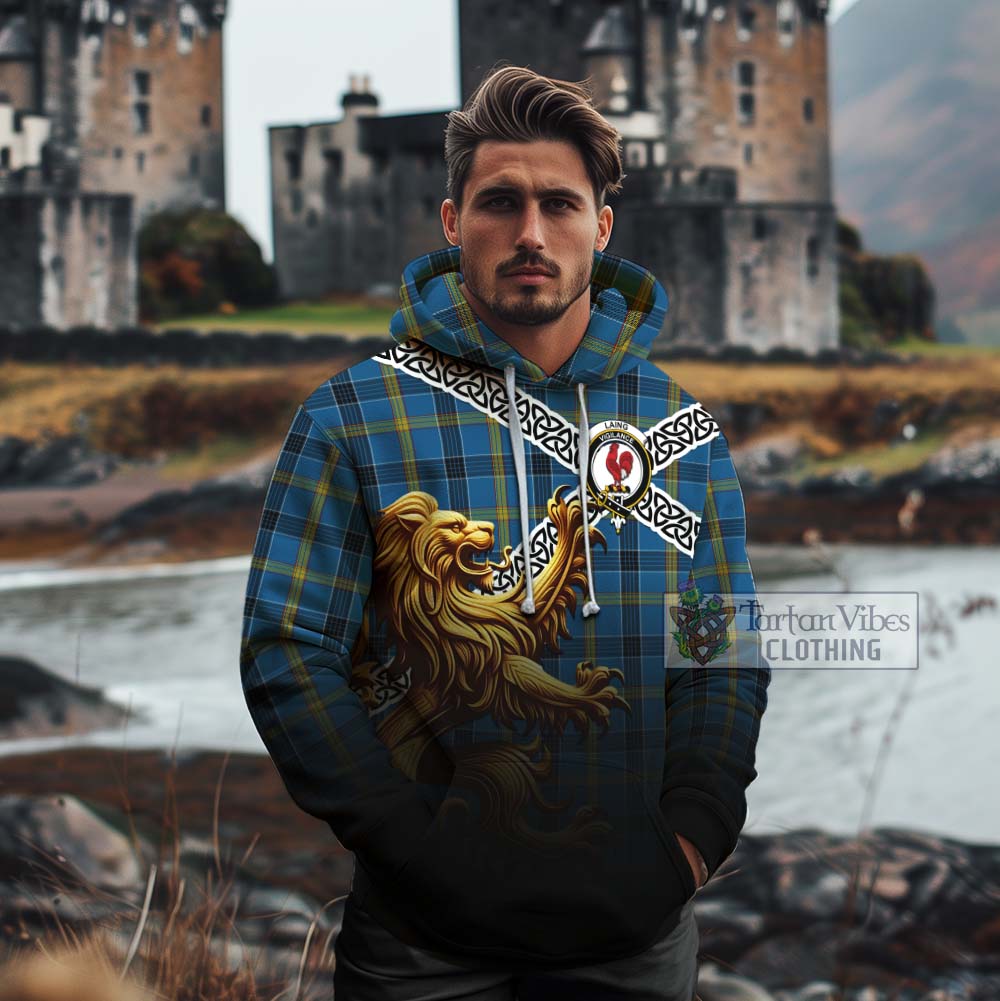 Tartan Vibes Clothing Laing Crest Tartan Cotton Hoodie with Golden Lion Emblem Celtic Style