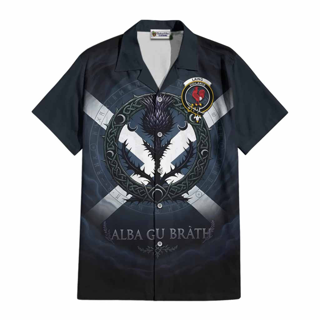 Laing Clan Crest Cotton Hawaiian Shirt with Celtic Knot Thistle and Saltire