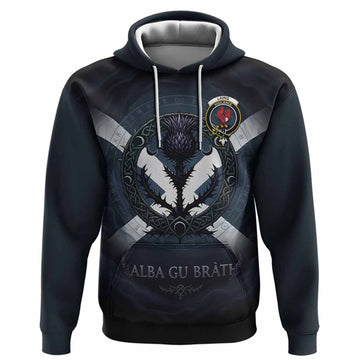 Laing Clan Crest Hoodie with Celtic Knot Thistle and Saltire