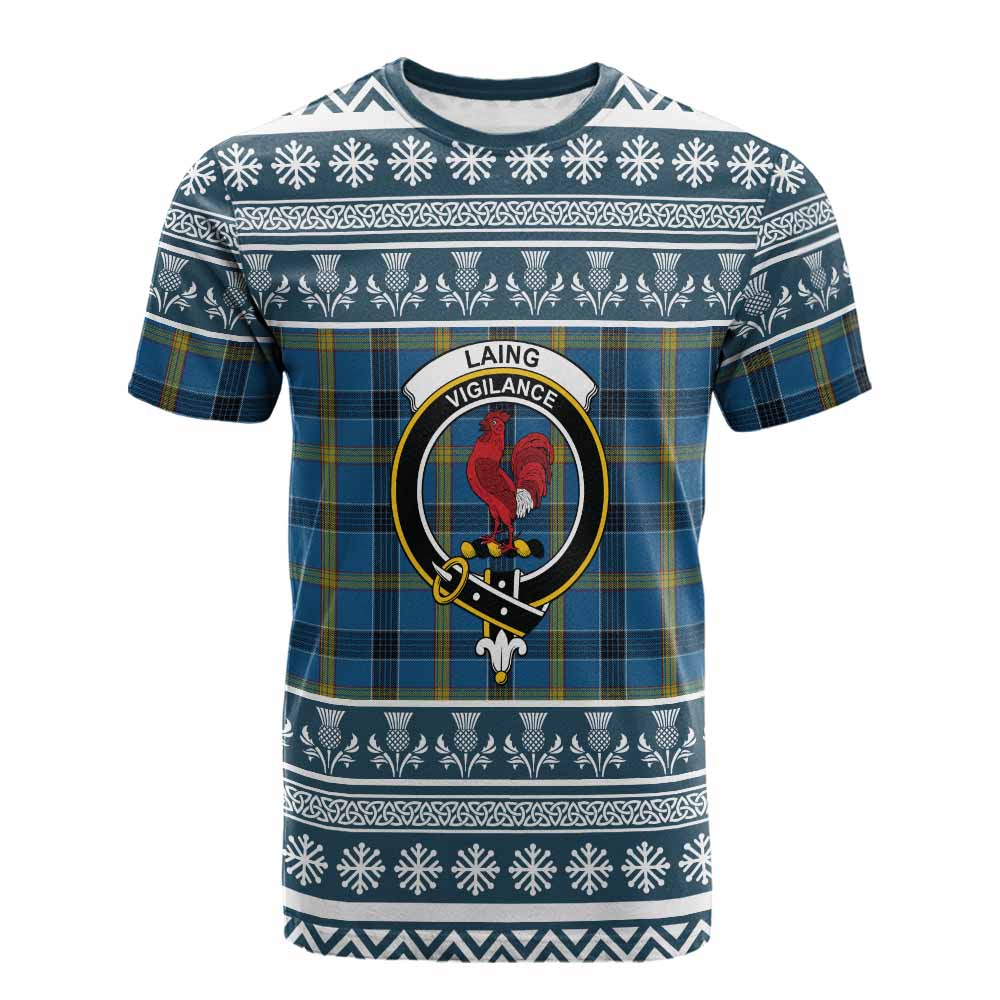 Laing Clan Tartan Christmas Cotton T-shirt with Family Crest - Tartan Vibes Clothing
