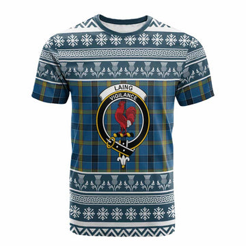 Laing Clan Tartan Christmas Cotton T-shirt with Family Crest