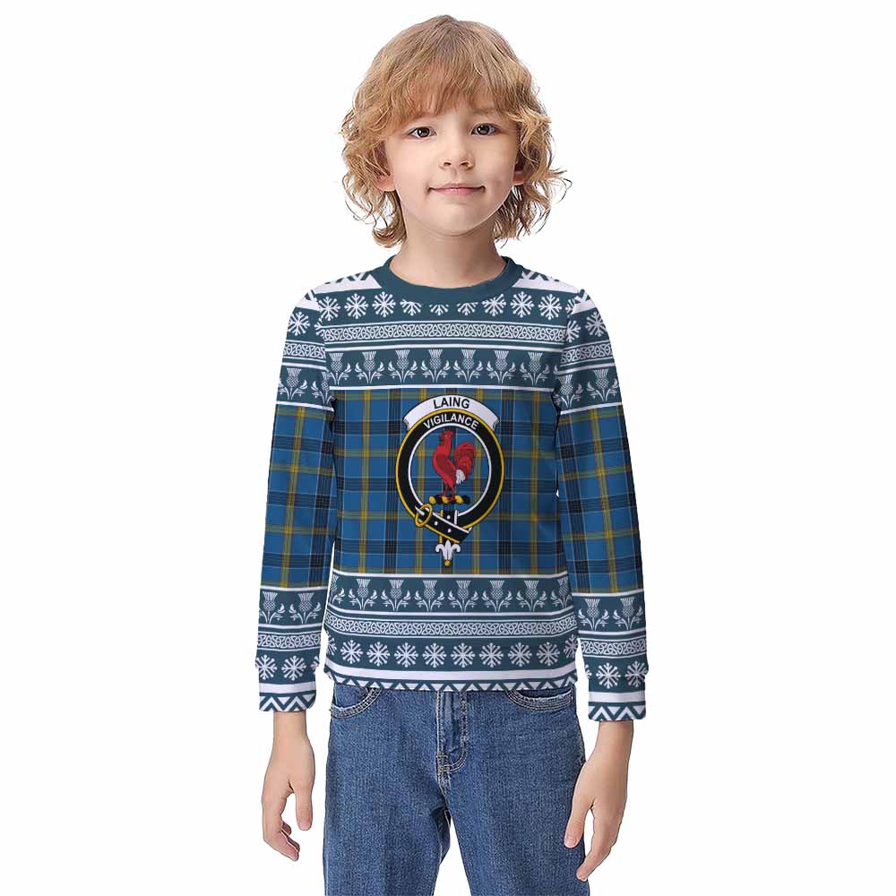 Laing Clan Tartan Christmas Kid Ugly Sweatshirt with Family Crest - Tartan Vibes Clothing