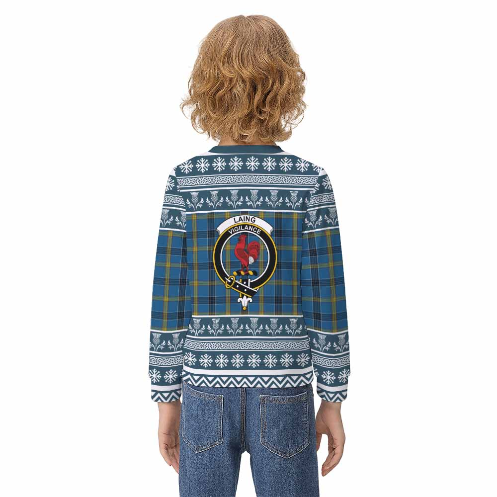 Laing Clan Tartan Christmas Kid Ugly Sweatshirt with Family Crest - Tartan Vibes Clothing