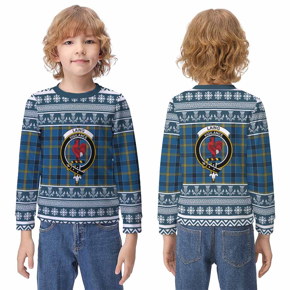 Laing Clan Tartan Christmas Kid Ugly Sweatshirt with Family Crest - Tartan Vibes Clothing