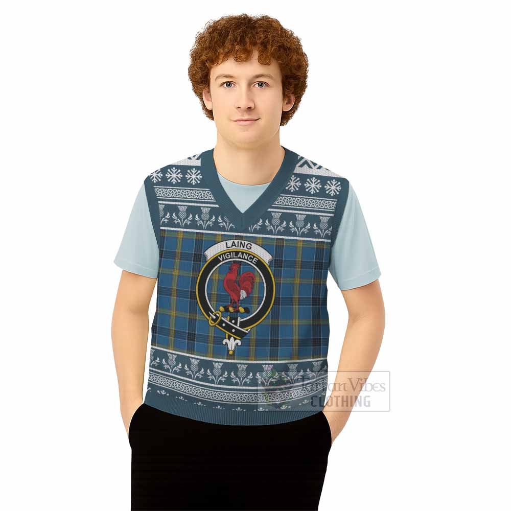 Laing Clan Tartan Christmas Knitted V-Neck Vest with Family Crest - Tartan Vibes Clothing