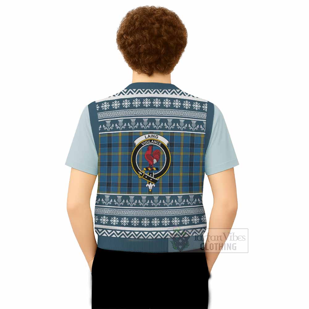 Laing Clan Tartan Christmas Knitted V-Neck Vest with Family Crest - Tartan Vibes Clothing