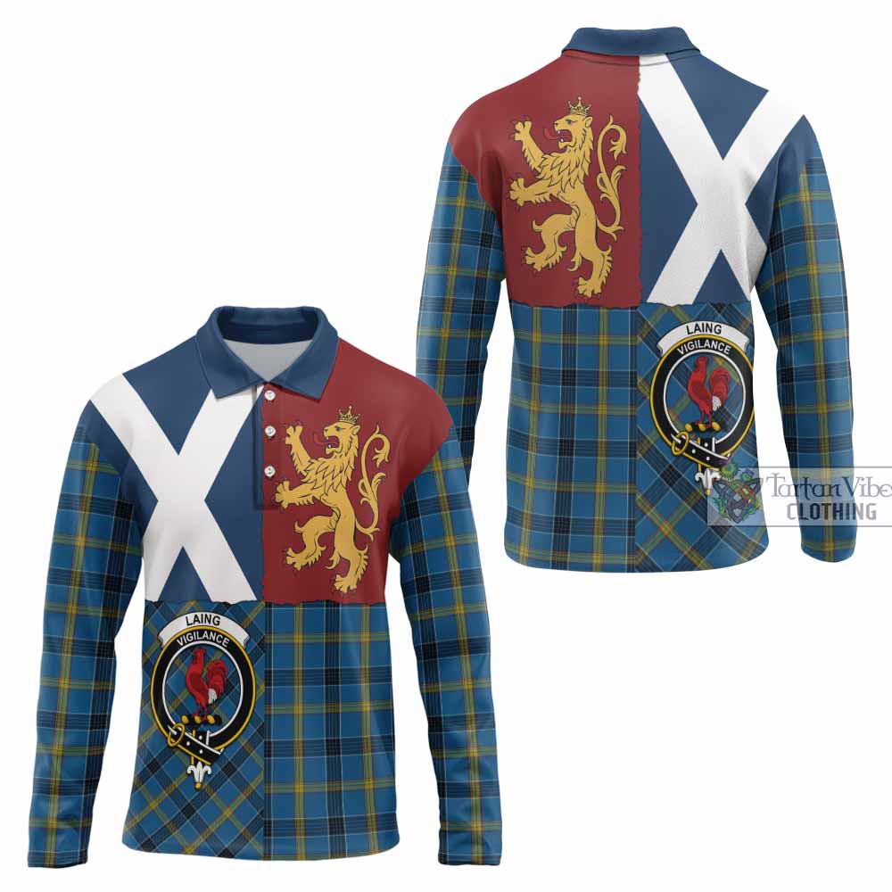 Laing Crest Tartan Long Sleeve Polo Shirt with Lion Rampant Saltire Style