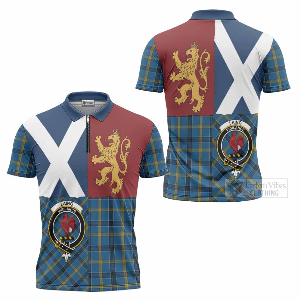 Laing Crest Tartan Zipper Polo Shirt with Lion Rampant Saltire Style