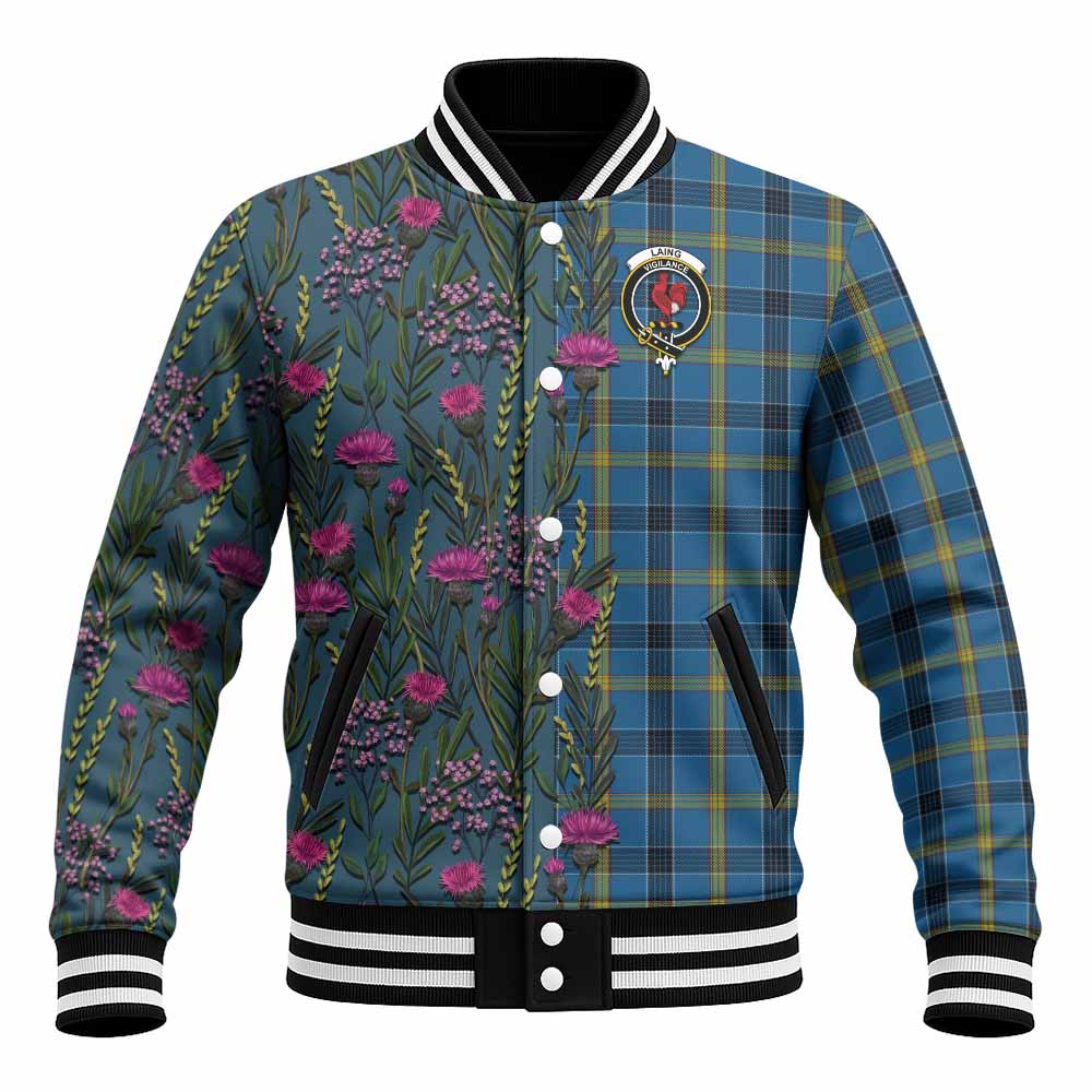 Laing Family Crest Tartan Baseball Jacket Scottish Thistle Flower Pattern Half Style - Tartan Vibes Clothing