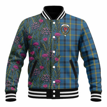Laing Family Crest Tartan Baseball Jacket Scottish Thistle Flower Pattern Half Style