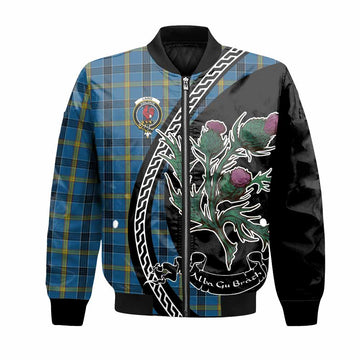 Laing Family Crest Tartan Bomber Jacket Alba Thistle Inspired