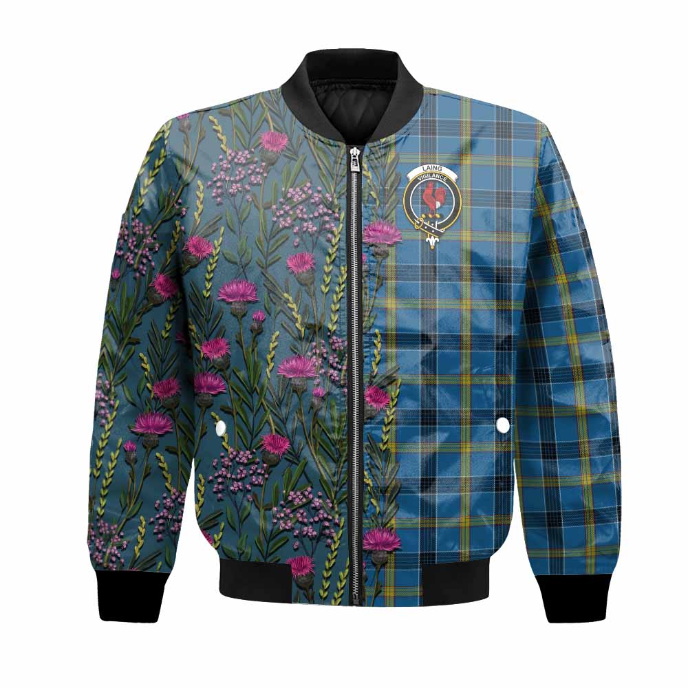 Laing Family Crest Tartan Bomber Jacket Scottish Thistle Flower Pattern Half Style - Tartan Vibes Clothing