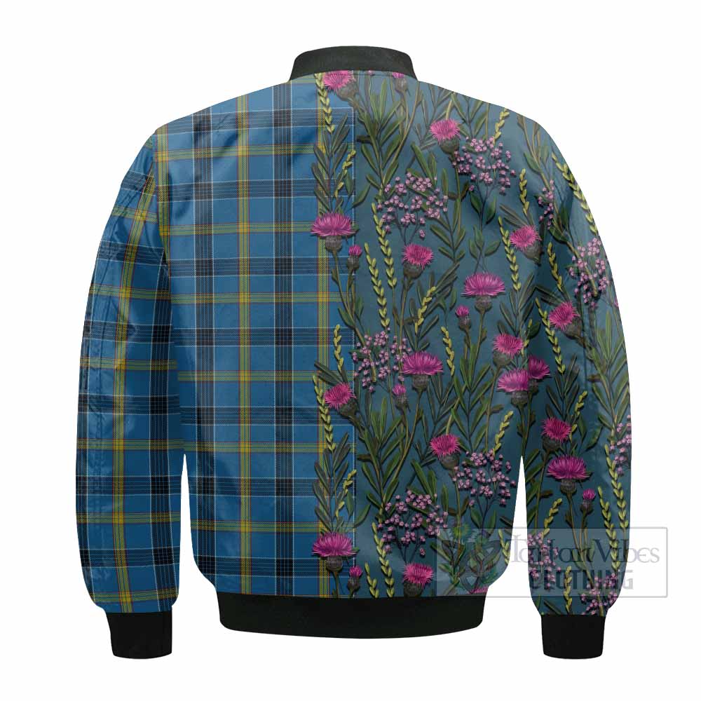 Laing Family Crest Tartan Bomber Jacket Scottish Thistle Flower Pattern Half Style - Tartan Vibes Clothing
