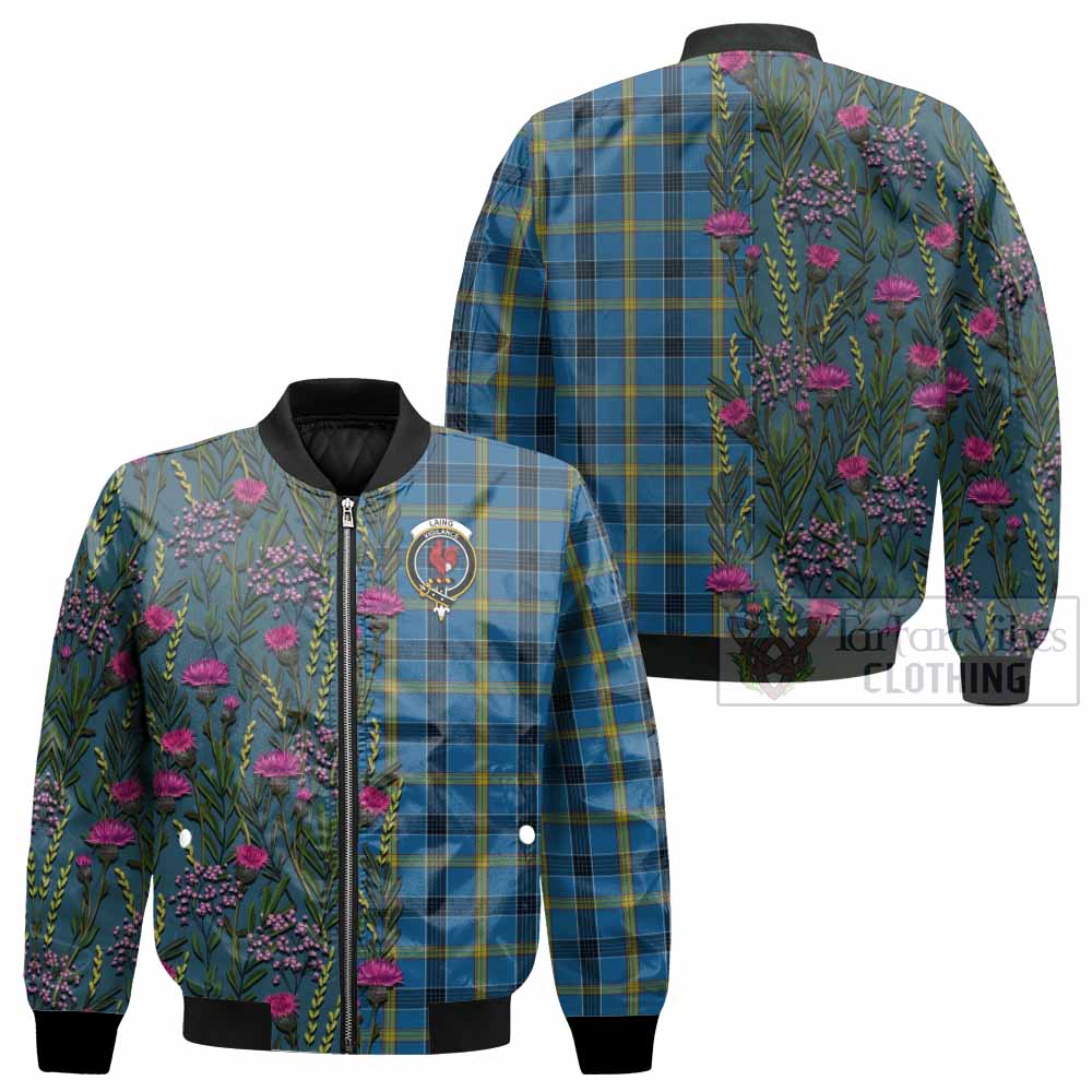Laing Family Crest Tartan Bomber Jacket Scottish Thistle Flower Pattern Half Style - Tartan Vibes Clothing