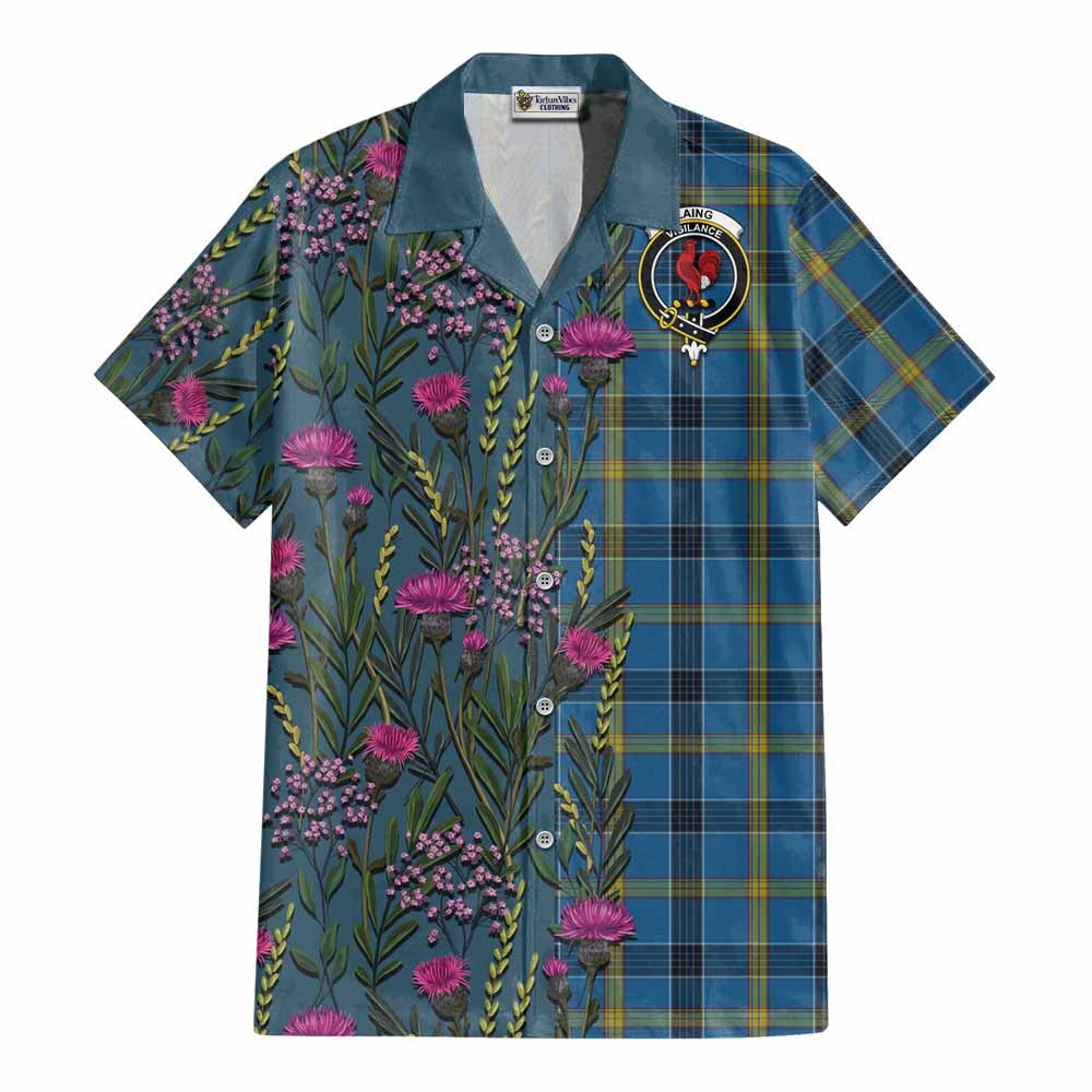 Laing Family Crest Tartan Cotton Hawaiian Shirt Scottish Thistle Flower Pattern Half Style - Tartan Vibes Clothing