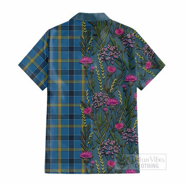 Laing Family Crest Tartan Cotton Hawaiian Shirt Scottish Thistle Flower Pattern Half Style - Tartan Vibes Clothing