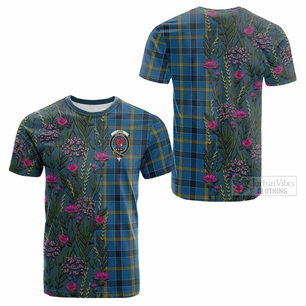 Laing Family Crest Tartan Cotton T-shirt Scottish Thistle Flower Pattern Half Style - Tartan Vibes Clothing