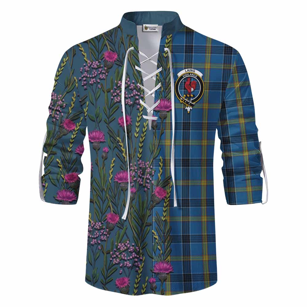Laing Family Crest Tartan Ghillie Shirt Scottish Thistle Flower Pattern Half Style - Tartan Vibes Clothing