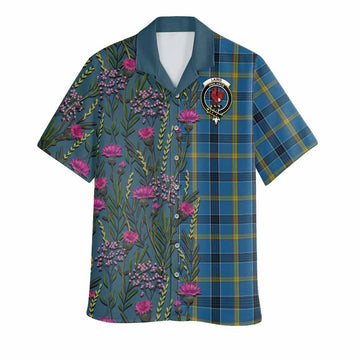 Laing Family Crest Tartan Hawaiian Shirt Scottish Thistle Flower Pattern Half Style