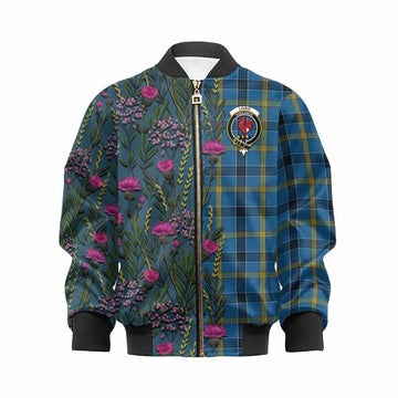 Laing Family Crest Tartan Kid Bomber Jacket Scottish Thistle Flower Pattern Half Style - Tartan Vibes Clothing