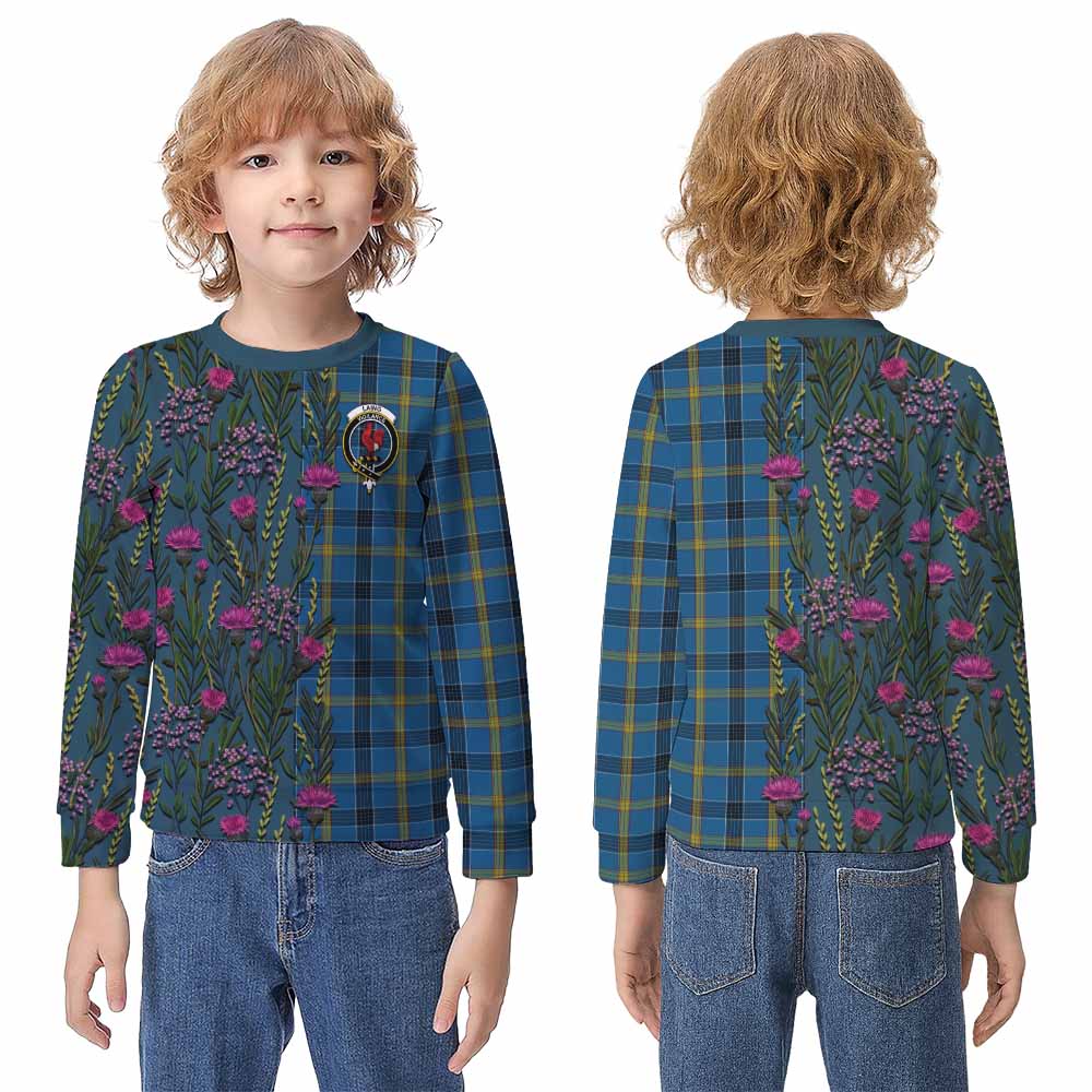 Laing Family Crest Tartan Kid Knitted Sweatshirt Scottish Thistle Flower Pattern Half Style - Tartan Vibes Clothing