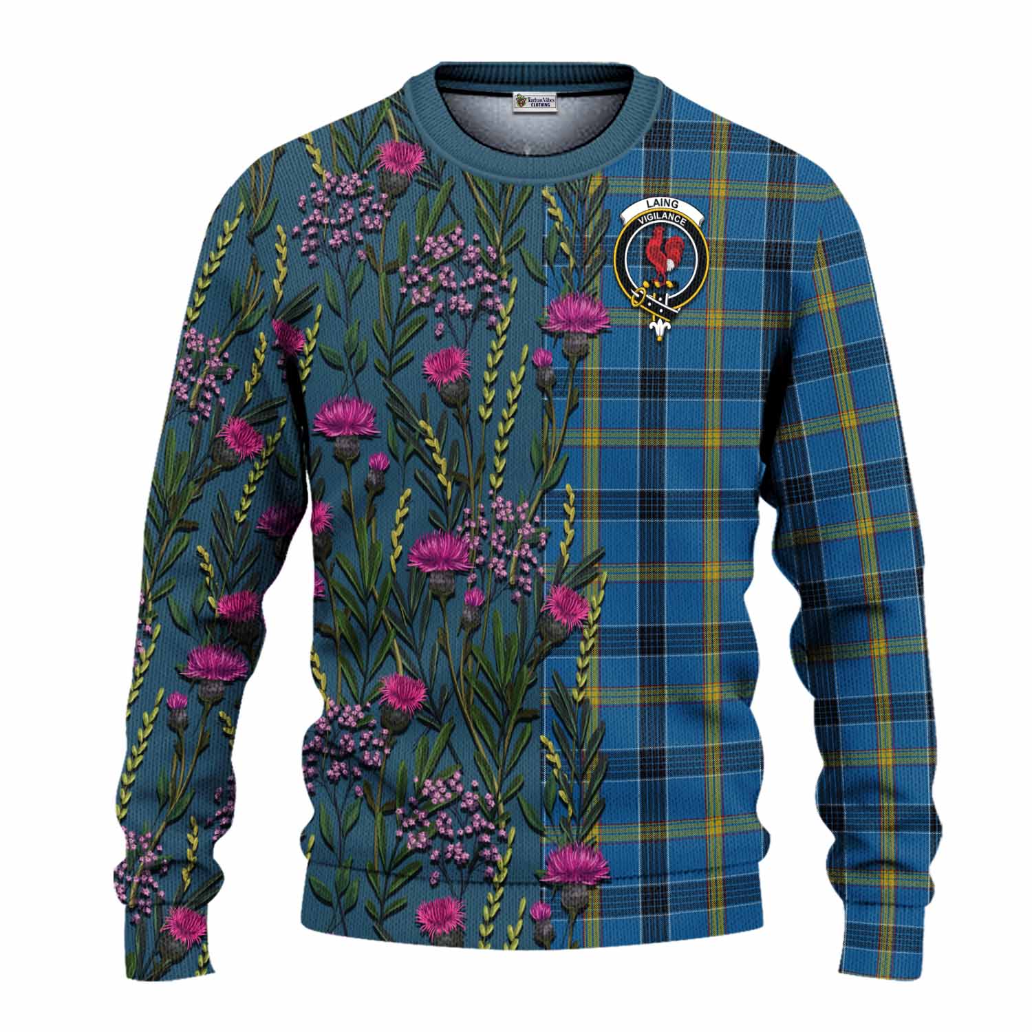 Laing Family Crest Tartan Knitted Sweater Scottish Thistle Flower Pattern Half Style - Tartan Vibes Clothing