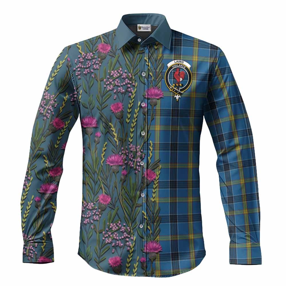 Laing Family Crest Tartan Long Sleeve Button Shirts Scottish Thistle Flower Pattern Half Style - Tartan Vibes Clothing