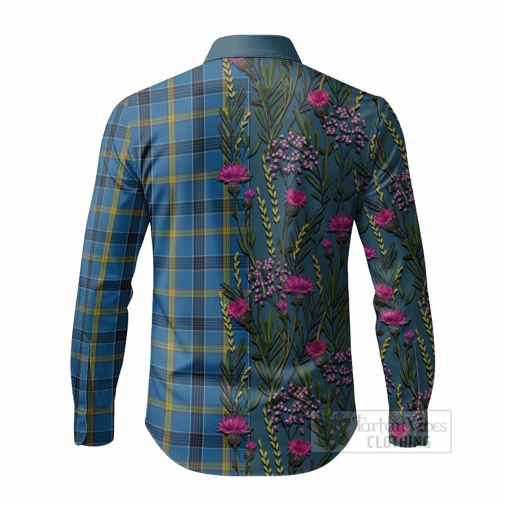 Laing Family Crest Tartan Long Sleeve Button Shirts Scottish Thistle Flower Pattern Half Style - Tartan Vibes Clothing