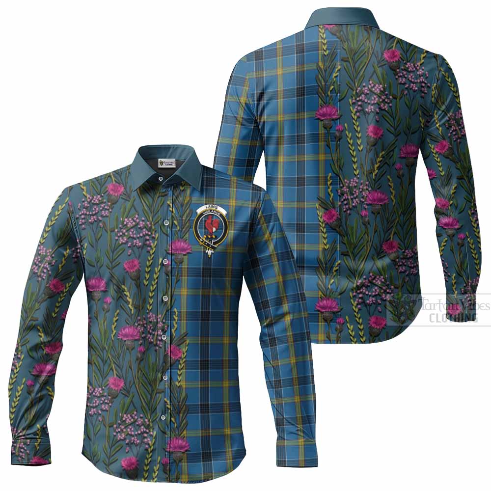 Laing Family Crest Tartan Long Sleeve Button Shirts Scottish Thistle Flower Pattern Half Style - Tartan Vibes Clothing