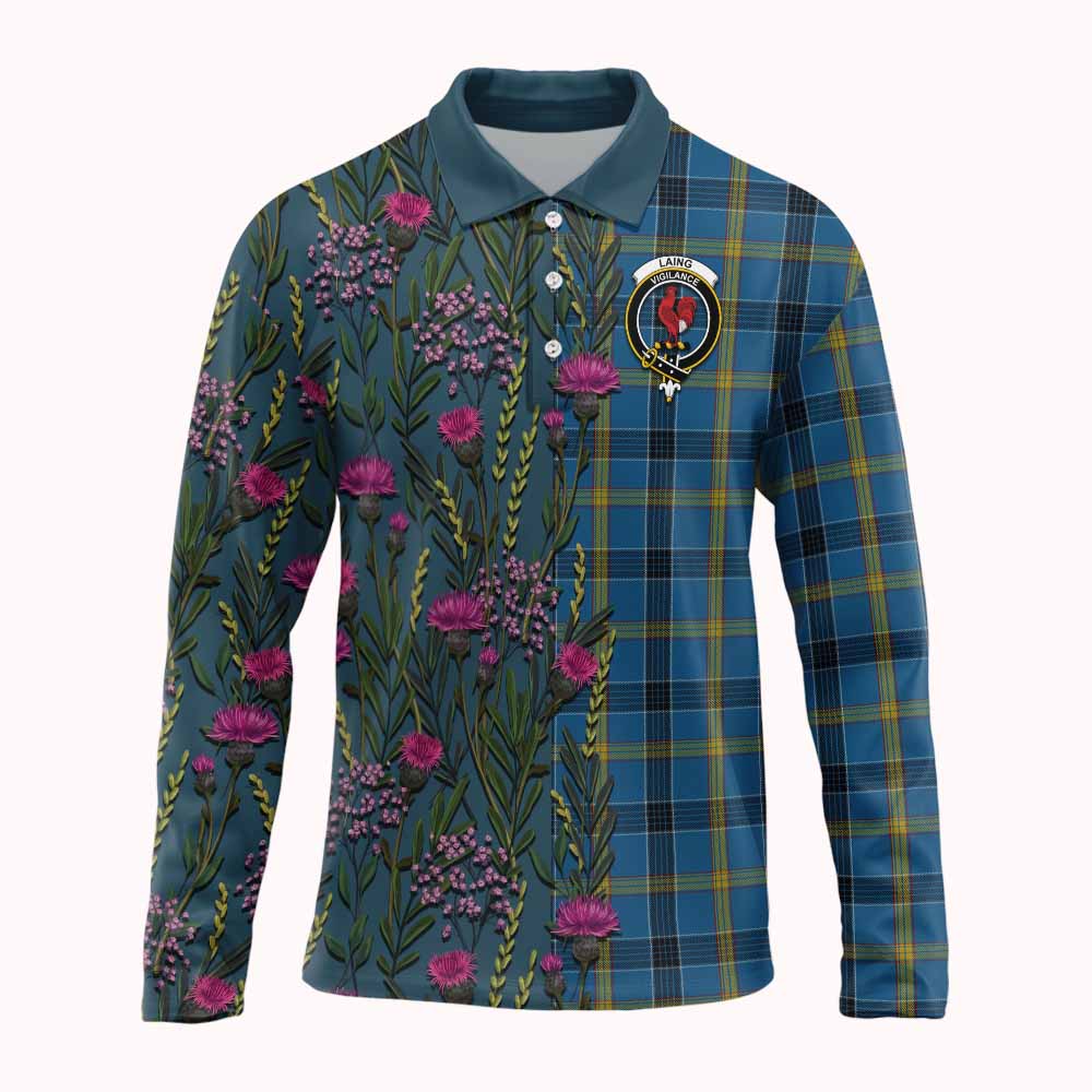 Laing Family Crest Tartan Long Sleeve Polo Shirt Scottish Thistle Flower Pattern Half Style - Tartan Vibes Clothing