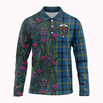 Laing Family Crest Tartan Long Sleeve Polo Shirt Scottish Thistle Flower Pattern Half Style