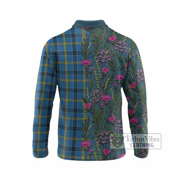 Laing Family Crest Tartan Long Sleeve Polo Shirt Scottish Thistle Flower Pattern Half Style