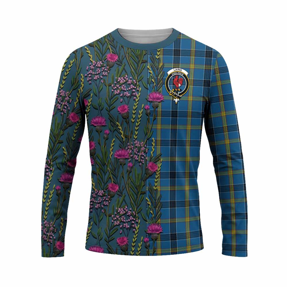 Laing Family Crest Tartan Long Sleeve T-Shirt Scottish Thistle Flower Pattern Half Style - Tartan Vibes Clothing